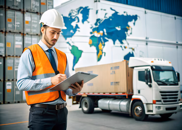 man orange vest is writing clipboard front large truck 1132399 8558