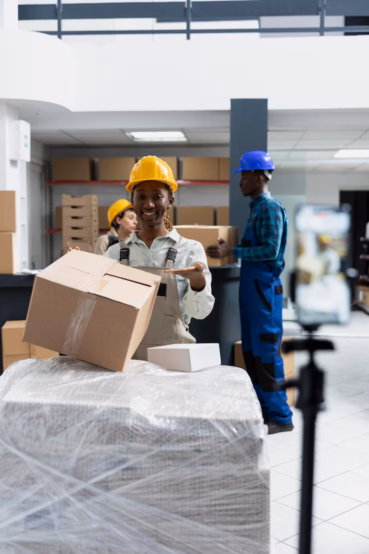 small business staff creates social media ad while filming logistics center 482257 130875
